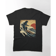 KHLMO Godzilla Surfing The Great Wave By Hokusai Funny Parody Classic T-Shirt Funny Shirt, Comfort Wear, Unsiex Tshirt Unisex, Condition New, Color Black, Size US 3XL
