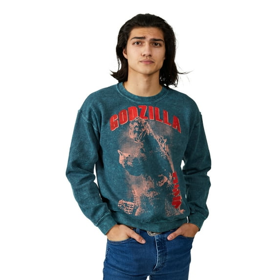Godzilla Vintage Art Crew Neck Long Sleeve Dark Cyan Mineral Wash Adult Sweatshirt-Large