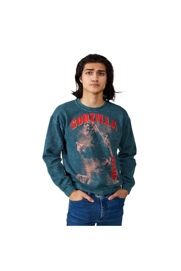 Godzilla Vintage Art Crew Neck Long Sleeve Dark Cyan Mineral Wash Adult Sweatshirt-Medium