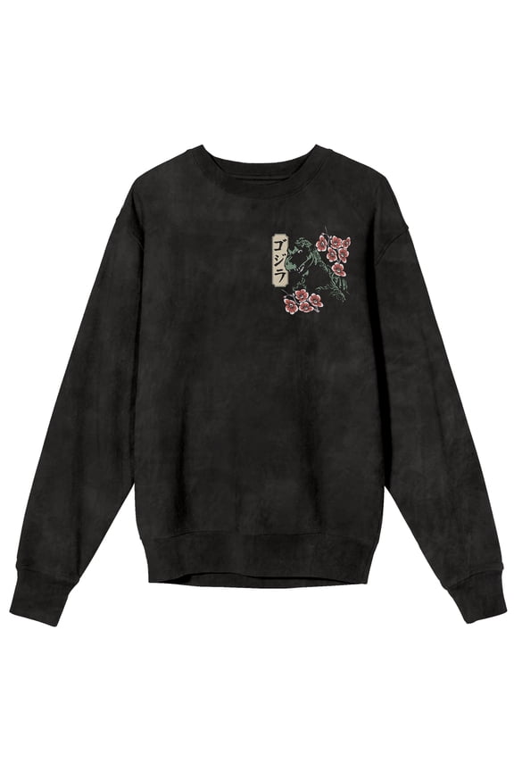 Godzilla Vintage-Inspired Kanji Design Adult Black Salt Mineral Wash Crew Neck Sweatshirt-XXL