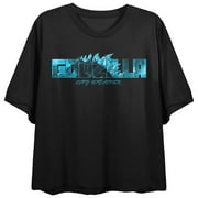 BIOWORLD Godzilla Vs. Kong The New Empire Neon Godzilla Face Art Crew Neck Short Sleeve Women's Black Crop Top -Medium