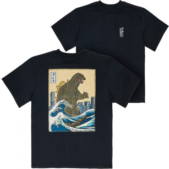 Godzilla Waves Embroidered Tapestry Front and Back T-Shirt-Medium