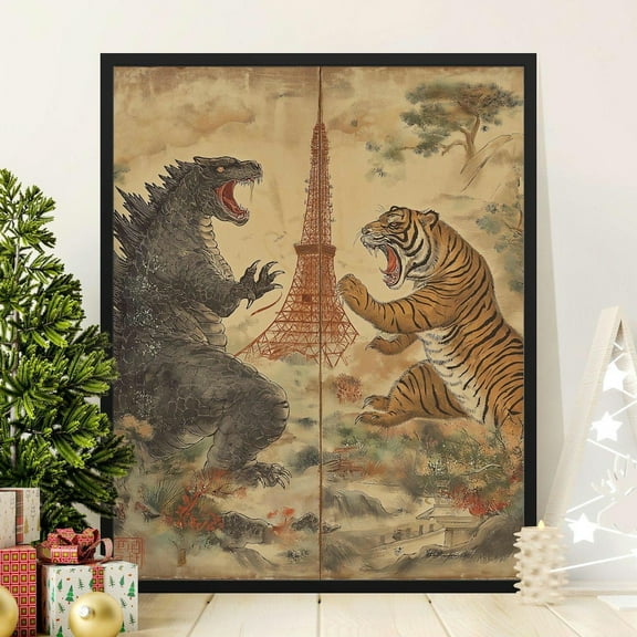 Godzilla vs Tiger Poster, Vintage Japanese Art Print, Unique Wall Decor, Tokyo Tower Scene, Retro Style Illustration, Oriental Art, 8x12