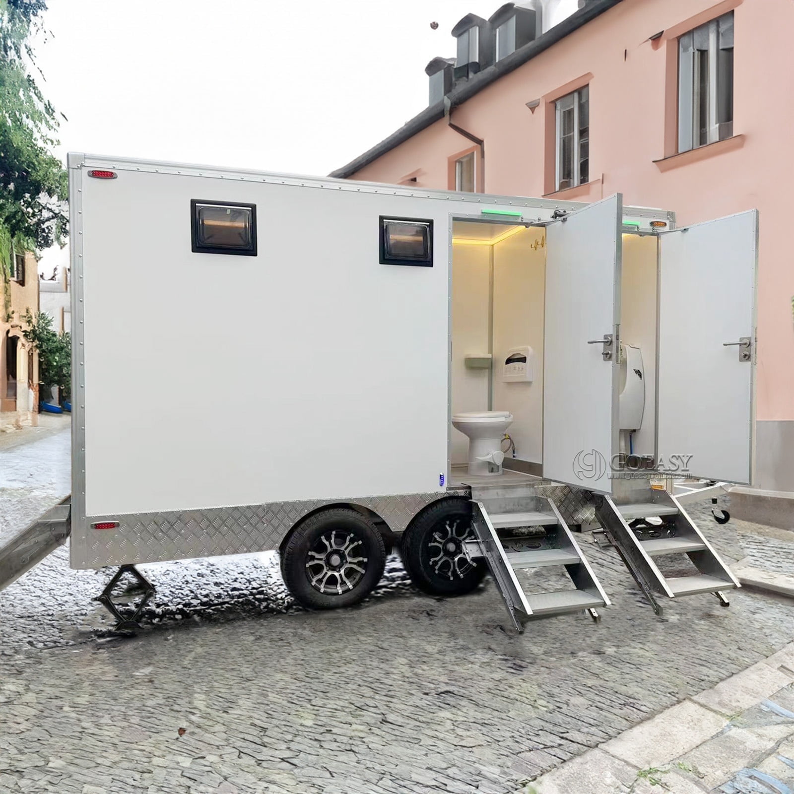 Goeay Vehicle 4-Stall Portable Restroom Trailer Luxury Portable Bathroom Trailer Mobile Toilet Trailer Portable Restroom Outdoor Camping Bathroom Truck Camping Toilet for Car