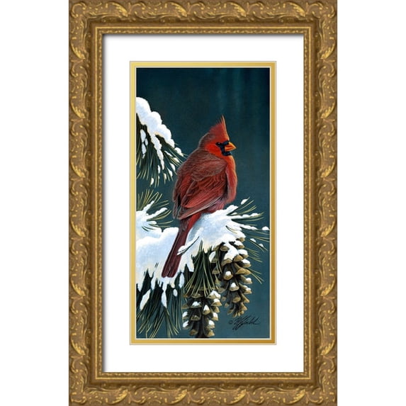 Goebel, Wilhelm 11x18 Gold Ornate Wood Framed with Double Matting Museum Art Print Titled - Winter Cardinal