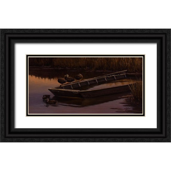 Goebel, Wilhelm 14x9 Black Ornate Wood Framed with Double Matting Museum Art Print Titled - Abandoned Skiff - Black Ducks