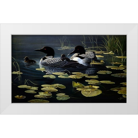 Goebel, Wilhelm 18x12 White Modern Wood Framed Museum Art Print Titled - Shoreline Refuge - Loon Family