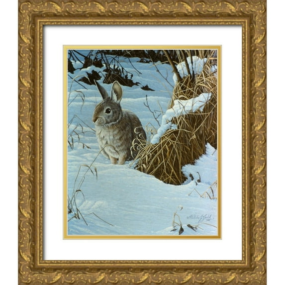 Goebel, Wilhelm 20x24 Gold Ornate Wood Framed with Double Matting Museum Art Print Titled - Snow Cover Cottontail