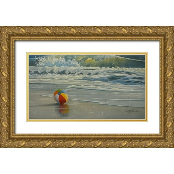 Goebel, Wilhelm 24x15 Gold Ornate Wood Framed with Double Matting Museum Art Print Titled - Beach Ball in Surf