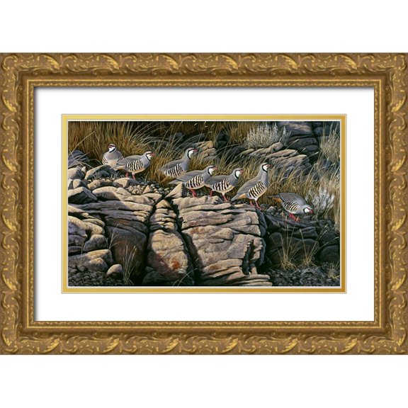 Goebel, Wilhelm 24x16 Gold Ornate Wood Framed with Double Matting Museum Art Print Titled - Rimrock Covey - Chukars