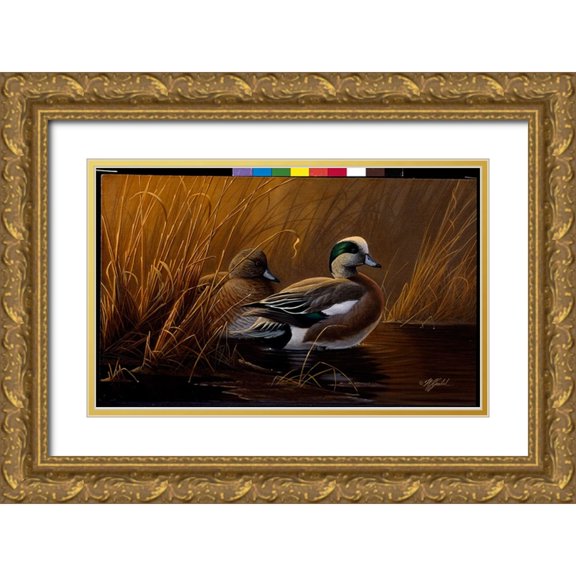 Goebel, Wilhelm 24x16 Gold Ornate Wood Framed with Double Matting Museum Art Print Titled - Widgeon In The Grass