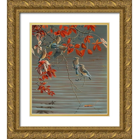 Goebel, Wilhelm 26x30 Gold Ornate Wood Framed with Double Matting Museum Art Print Titled - Autumn Harvest - Cedar Waxwing