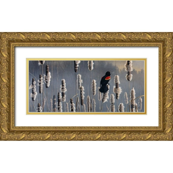 Goebel, Wilhelm 32x16 Gold Ornate Wood Framed with Double Matting Museum Art Print Titled - Marsh Notes - Red Wing Blackbird