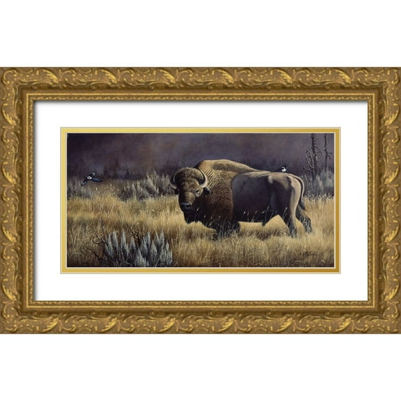 Goebel, Wilhelm 32x18 Gold Ornate Wood Framed with Double Matting Museum Art Print Titled - Bison And Magpies