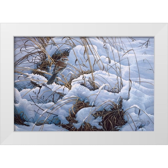 Goebel, Wilhelm 32x23 White Modern Wood Framed Museum Art Print Titled - Snow Glow Field Sparrows