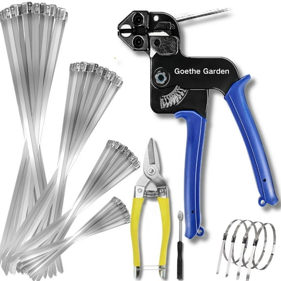 Goethe Garden Cable Tie Gun Kit, Specialized Tool For Tightening And Cutting Stainless Steel Cable Ties, Comes With 153 Pieces Of Uv-Resistant Heavy-Duty Metal zip Ties And Industrial Scissors.