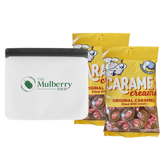 Goetze's Caramel Creams, Original Caramel Candy Filled with Cream, 4 oz Bag (Pack of 2), American Made with Real Milk and Cream With Reusable Snack Bag By The Mulberry Shop