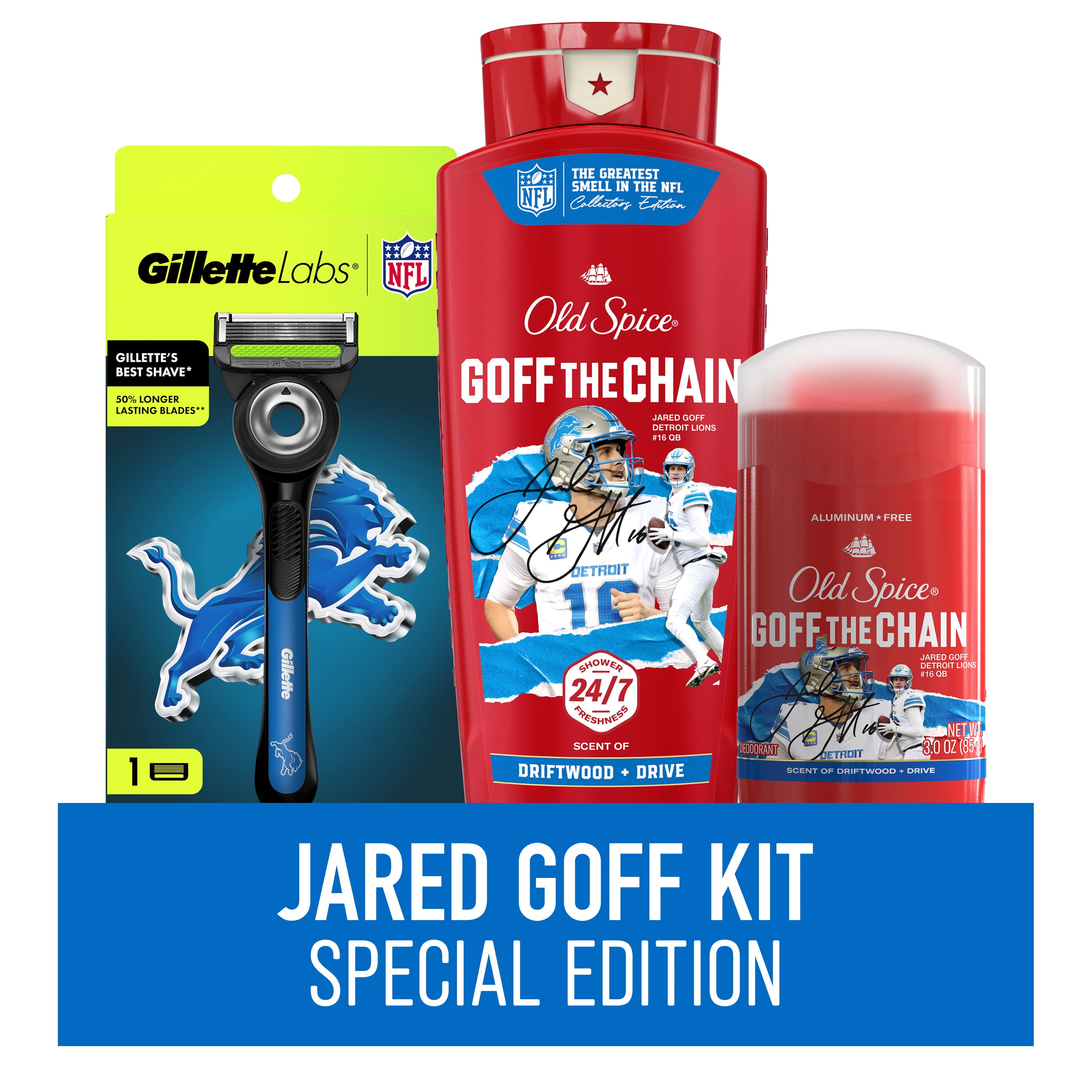 Exclusive Jared Goff Detroit Lions Old Spice x Gillette NFL Value Bundle: Razor, Body Wash, & Deodorant