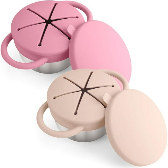 Gofinoday 2 Pack Toddler Snack Cups - 9oz Spill-Proof  Stainless Steel Containers with Removable Handles & Silicone Catcher，3-in-1 Travel Snack Bowls，Dishwasher Safe, Food Grade