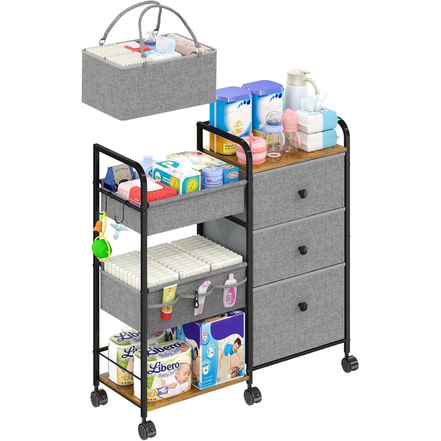 Gofinoday 2-in-1 Baby Diaper Caddy Organizer, 3-Tier Rolling Nursery Cart with Removable Caddy, Dividers, Drawers and Lockable Wheels, Gray