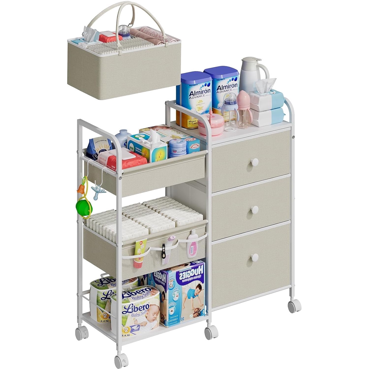 Gofinoday 2-in-1 Baby Diaper Caddy Organizer, 3-Tier Rolling Nursery Cart with Removable Caddy, Dividers, Drawers and Lockable Wheels, White