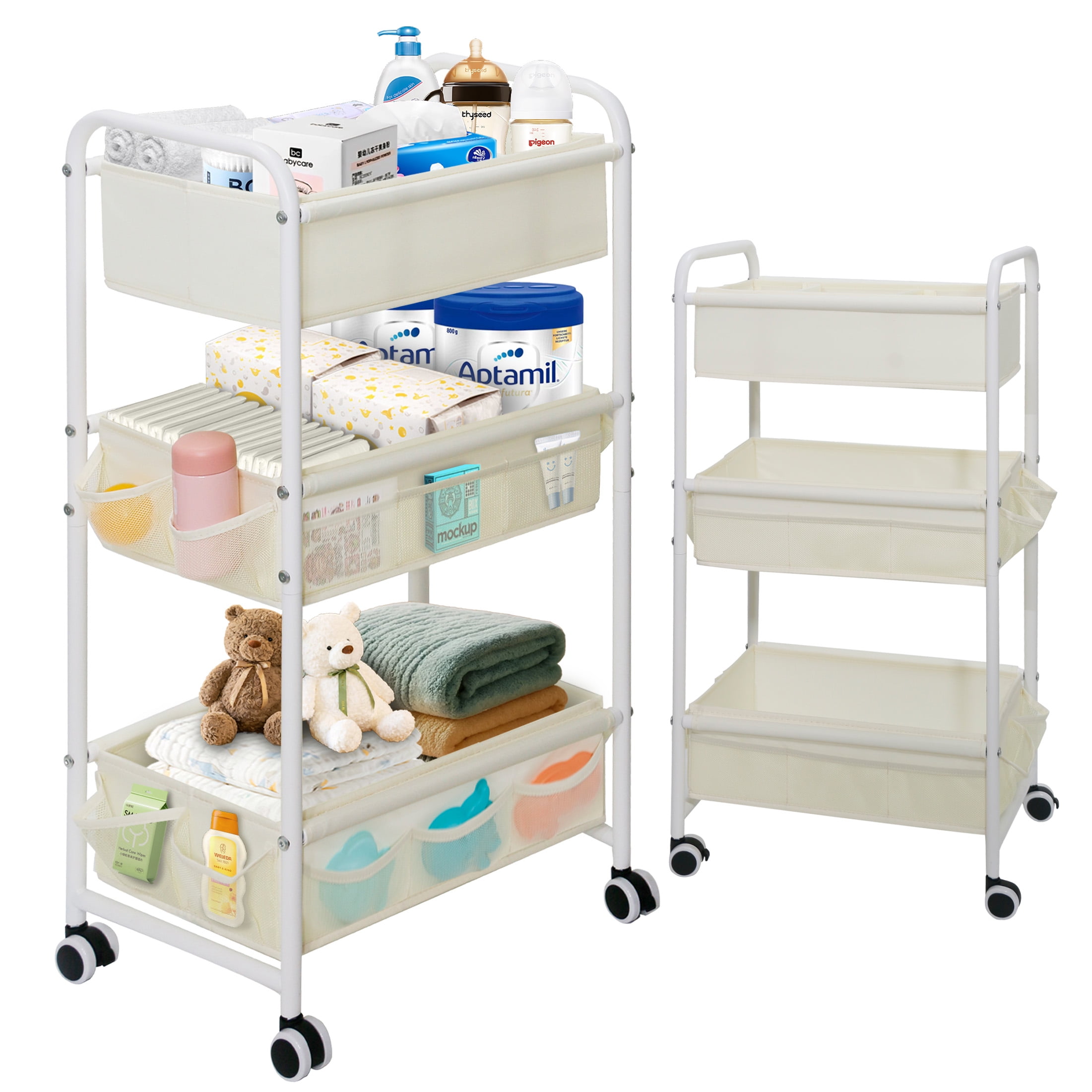Gofinoday 3-Tier Diaper Caddy Cart,Mobile Organizer with 2 Dividers & 8 Side Mesh Pockets,Quick-Lock Wheels for Nursery/Daycare,17x11x32in Metal Frame Utility Cart
