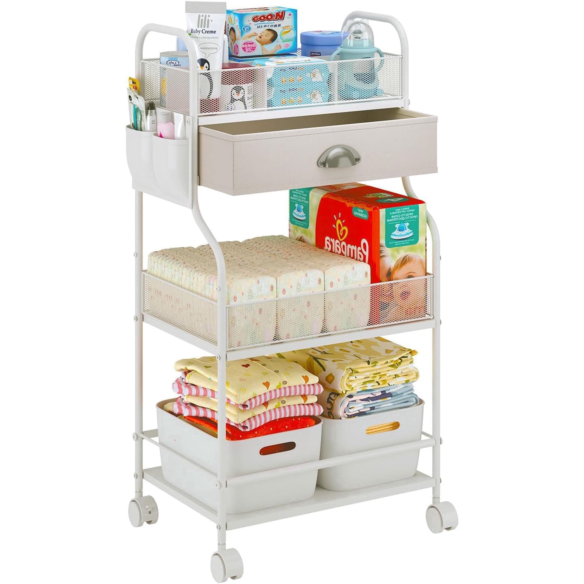 Gofinoday Baby Diaper Caddy Cart, 3-Tier Diaper Caddy Organizer with Drawer, Dividers & Lockable Wheels, White Nursery Storage Cart