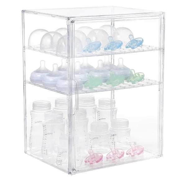 Gofinoday Clear Baby Bottle Storage Organizer for Countertop or Cabinet, 3-Tier Acrylic Organizer with Adjustable Shelves, Removable Dividers & Magnetic Door