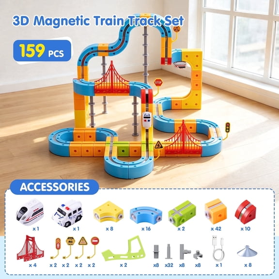 Gofunly 159 Pcs 3D Flexible Electric Train Track Set for Kids 3- 8 Years, Magnetic Car Train Toys, Educational STEM Building Toy Anti-Gravity