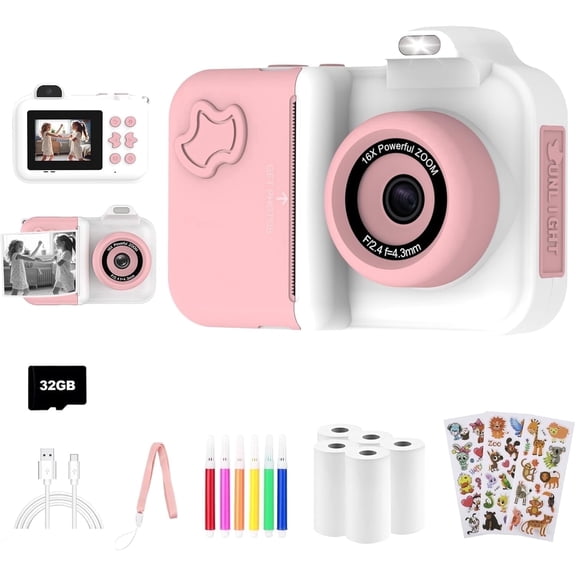 Hnjugfe Instant Print Camera for Kids, Front Rear Kids Camera Instant Print with Dual Camera Digital Camera Toys for 3-12 Years Old,Pink