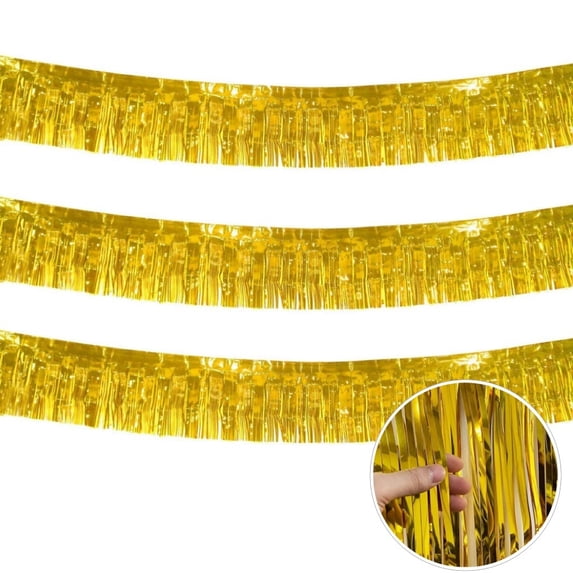 Gogcaro 10 Feet Long Roll Foil Fringe Garland - Pack of 3 Shiny Metallic Tassle Banner Ideal for Parade Floats, Bridal Shower, Wedding, Birthday, Wall Hanging Fringe Garland Banner (Gold)