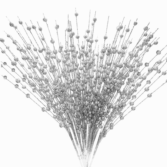 Gogcaro 10 Packs Artificial Glitter Berry Stem Ornaments, Decorative Bead Sticks, Glittery Twigs, Picks, Branches for Christmas Tree, Small Vase, Holiday, Wedding, Party (17 Inch Silver)