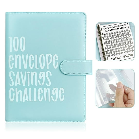 Gogcaro 100 Envelope Challenge Binder, Savings Challenges Sheets,Easy and Fun Way to Save $5,050, Budget Binder with Cash Envelopes, Savings Challenges Binder, Budget Planner Book Budgeting (Blue)