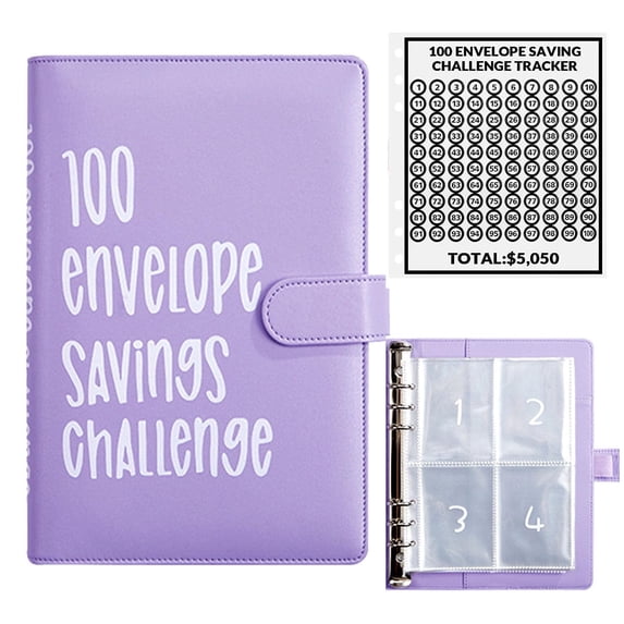 Gogcaro 100 Envelopes Money Saving Challenge, 100 Envelope Challenge Binder, Easy and Fun Way to Save $5,050, Savings Challenges Budget Book Binder with Cash Envelopes for Office,Home,School (Purple)