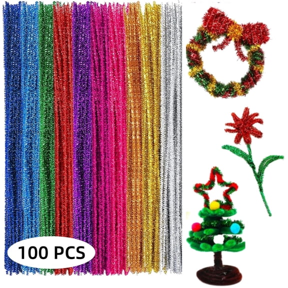 Gogcaro 100Pcs Glitter Sparkle Pipe Cleaners, Multicolor Sparkly Chenille Stems for Arts and Crafts Decoration (10 Colors)