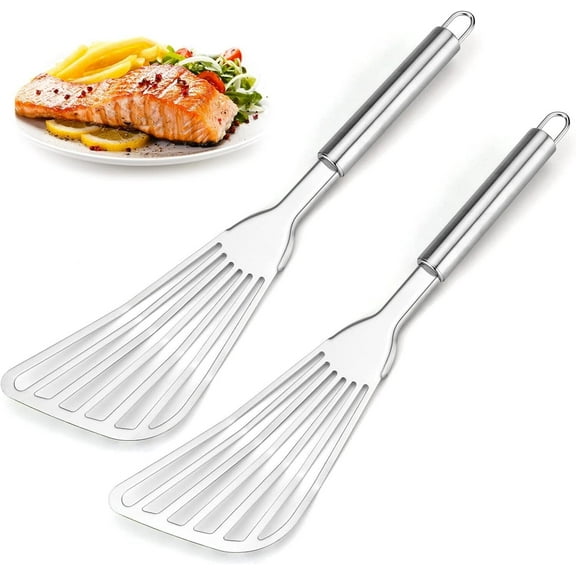 Gogcaro 2 Pack Fish Spatula Turner, Stainless Steel Slotted Spatulas for Flipping, Turning, Frying & Grilling, Kitchen Metal Slotted Spatulas, Comfort Handle & Curved Blade