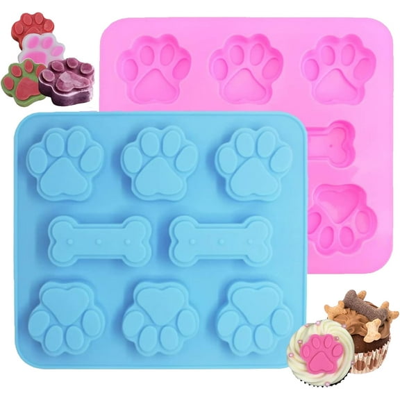 Gogcaro 2 Pack Silicone Molds with Puppy Dog Paw and Bone Shaped 2 in 1, Reusable Non-Stick Ice Cube Trays & Flexible Candy Chocolate Molds for Homemade Dog Treats, Pudding