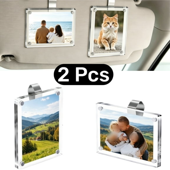 Gogcaro 2 Pcs Car Sun Visor Photo Frame, 3 Inch Clear Plastic Picture Holder with Metal Clip, Portable Photo Display for Car Visor, Refrigerator, Personalized Family Pet Picture Decor Gift