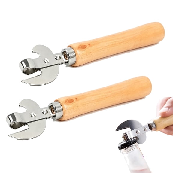 Gogcaro 2PCS Manual Can Opener, Stainless Steel Bottle Opener Manual with Wooden Handle, Easy Open Multifunctional Side Cut Traditional Stab Can & Tin Opener for Kitchen Camping Traveling