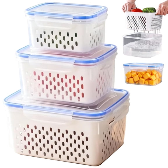 Gogcaro 3 PCS Fruit Storage Containers for Fridge Food Berry Storage Container Set with Removable Strainer Lid Fruits Container for Fridge BPA-Free Plastic Crisper for Long-Term Freshness, Blue