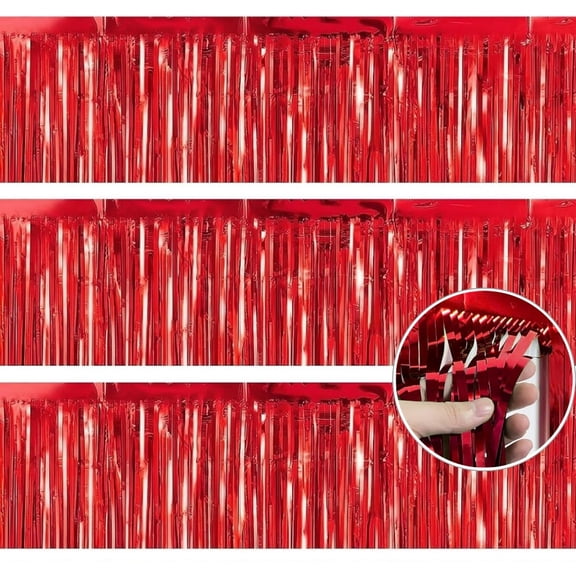 Gogcaro 3 Pcs 10 Feet Foil Fringe Garland Metallic Wall Hanging Drapes Tassel Skirting Tinsel Streamers Decorations for Parade Float Trailer Mardi Gras Party Birthday Wedding (Red)