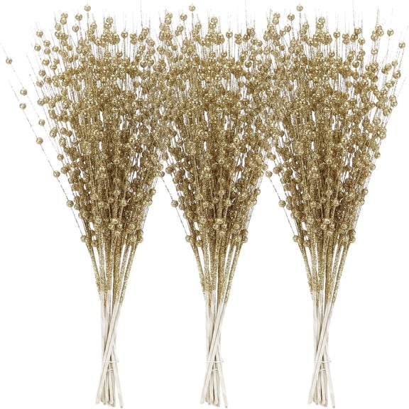 Gogcaro 30 Packs Artificial Glitter Berry Stem Ornaments,Gold Christmas Glitter Picks Artificial Berries Stems Ornaments Fake Xmas Stem Decorative Sticks for Vases Tall DIY Wreath Home Decor(Gold)