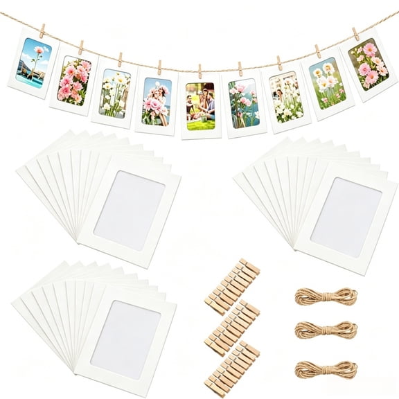 Gogcaro 30Pcs Paper Photo Frames, 4x6Inch White Picture Display Holders, Graduation Cardborad Picture Frames with String and Clips, DIY Photo Hanging Banner for Home, Classroom, Offices