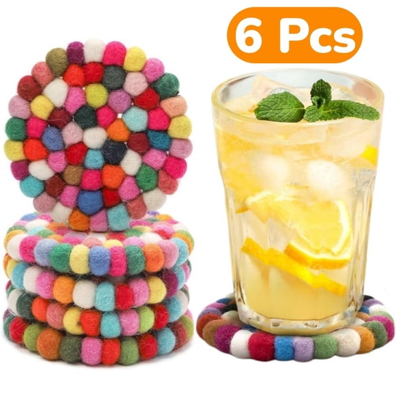 Gogcaro 6 Pcs Round Felt Ball Coasters Cute Table Coasters Wool Absorbent Handmade Felt Colorful Christmas Coaster for Drinks Office Home Bar Decor (Random Colors)