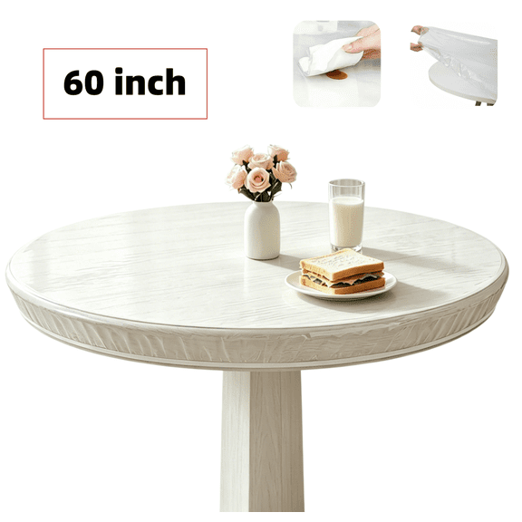 Gogcaro 60" Round Fitted Tablecloth - Heavy Duty Elasticized Table Cover Elastic Edged Plastic Tablecloth Protector Fits 45"-56" Diameter Tables(Transparent)