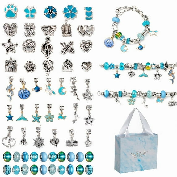 Gogcaro 63 Pieces Charm Bracelet Making Kit, Crafts Gifts Set Can Inspires Imagination and Creativity,Jewelry Making Kit Perfect Gifts for Girls 5-12 Years Old (Blue)
