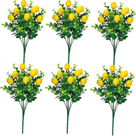 Gogcaro 6PCS Artificial Lemon Plants Branches 12 Inch Faux Yellow Lemon Branch Stems with Green Leaves Simulation Fruit Fake Lemon Tree Picks Props for Home Weddng Party Decor