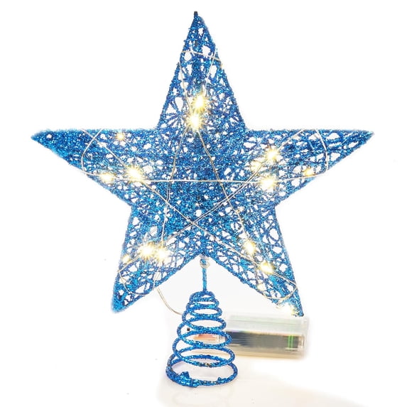 Gogcaro 8 inch Christmas Blue Star Tree Topper, Battery Powered Glitter Indoor Decor with LED Lights for Xmas Holiday Party Decorations