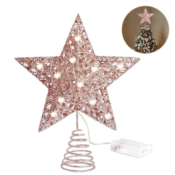 Gogcaro 8 inch Christmas Pink Star Tree Topper, Battery Powered Glitter Indoor Decor with LED Lights for Xmas Holiday Party Decorations