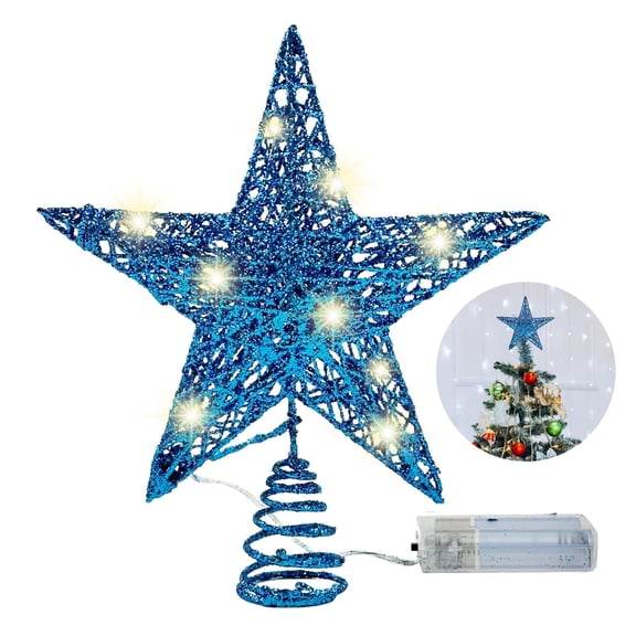 Gogcaro Christmas Star Tree Topper, 8inch Sequins Xmas Tree Topper, Star Treetop for Home Christmas Tree Decoration, LED Bulbs, Blue